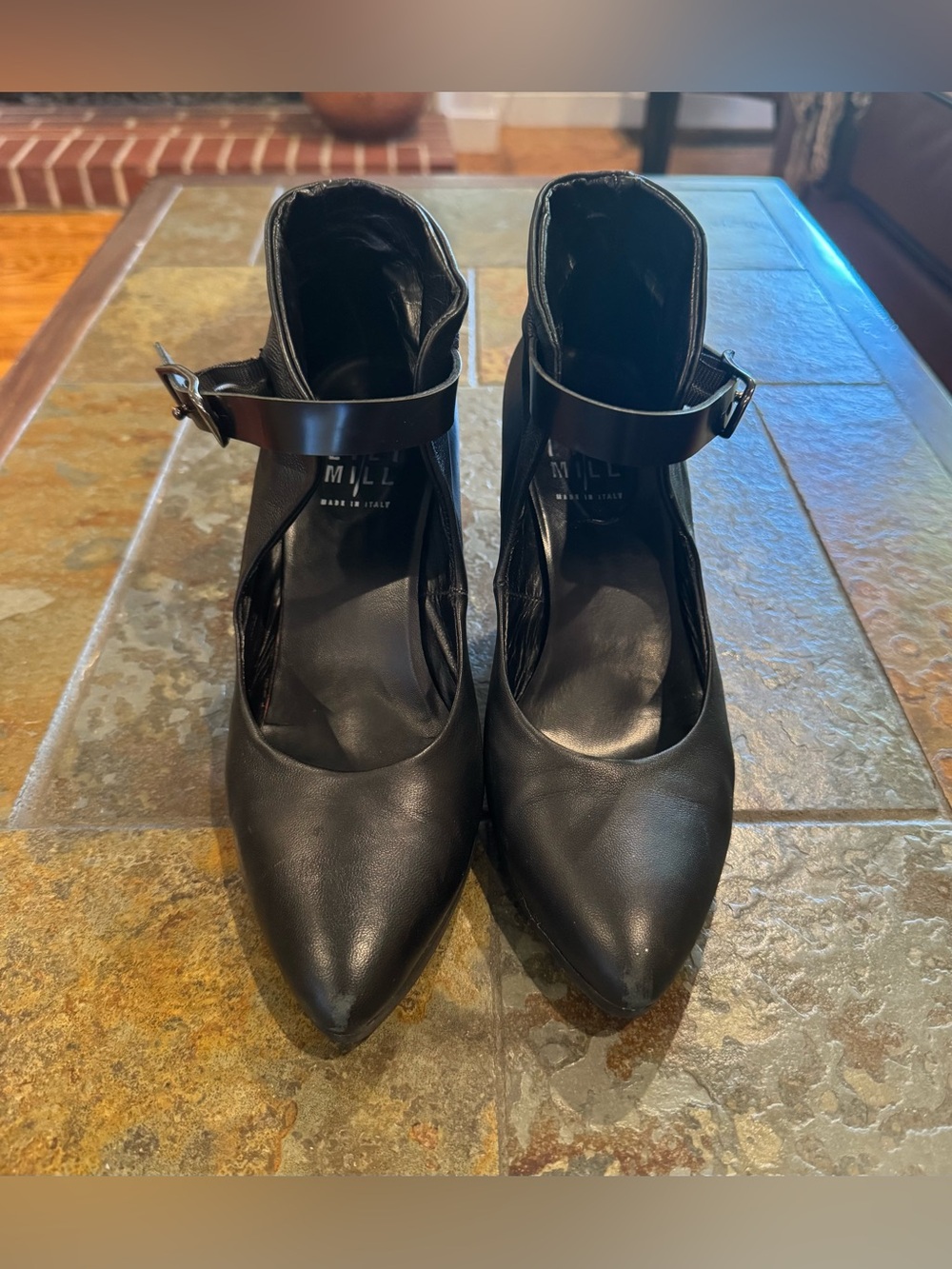 Italian Leather Black Pointed Toe Ankle-Strap Pumps